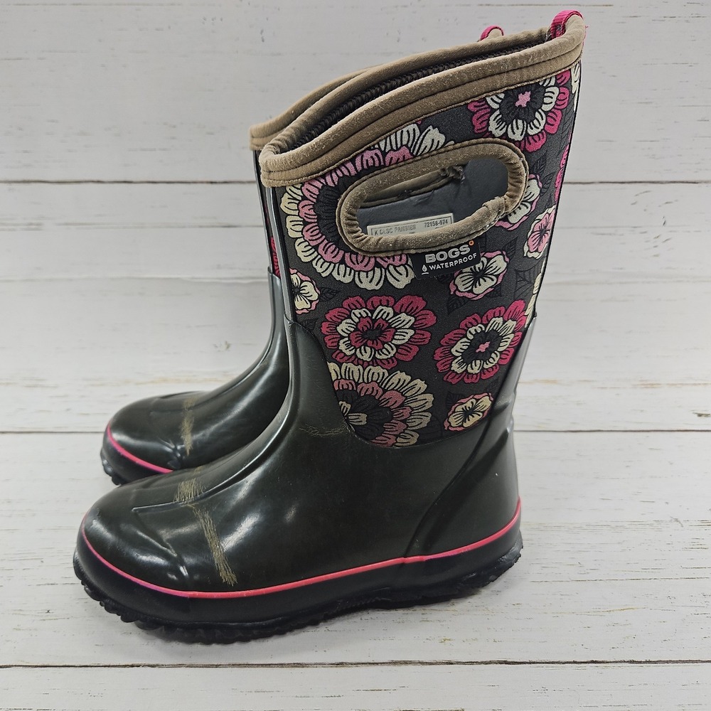 Bogs Boots Youth Size 3 Gray Pink Pansies Pull On Winter Rain Waterproof 72158